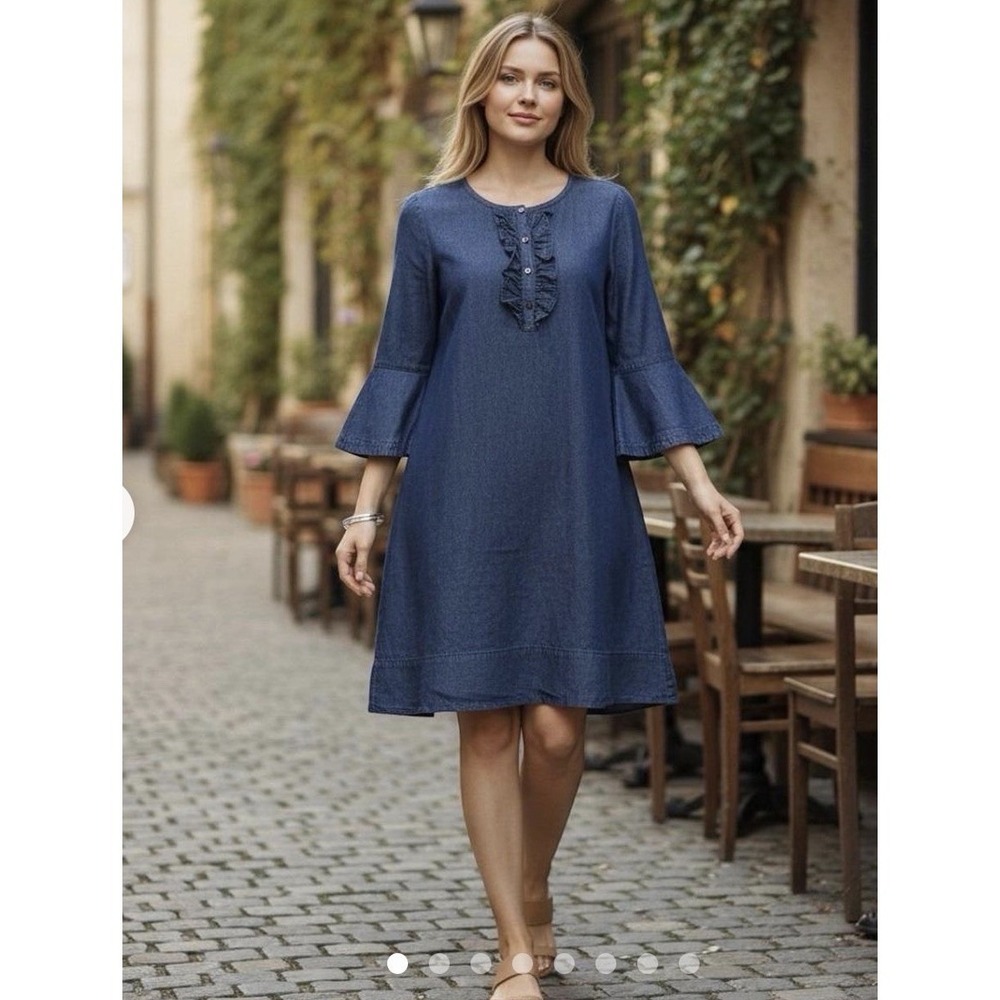 Draper James Chambray Ruffle Bell Sleeve Mini Dress Women 16 Blue Denim Western